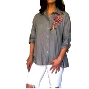 Walter Baker Striped Button Up Blouse, Floral Appliqué, Lagenlook, Coastal, L
